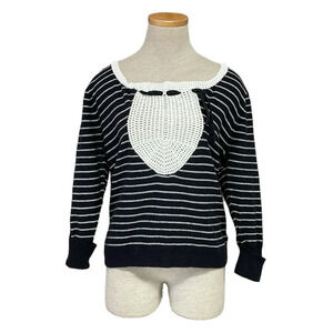 Anthropologie Field Flower Sweater Women's XL X Large Black White Stripe Crochet